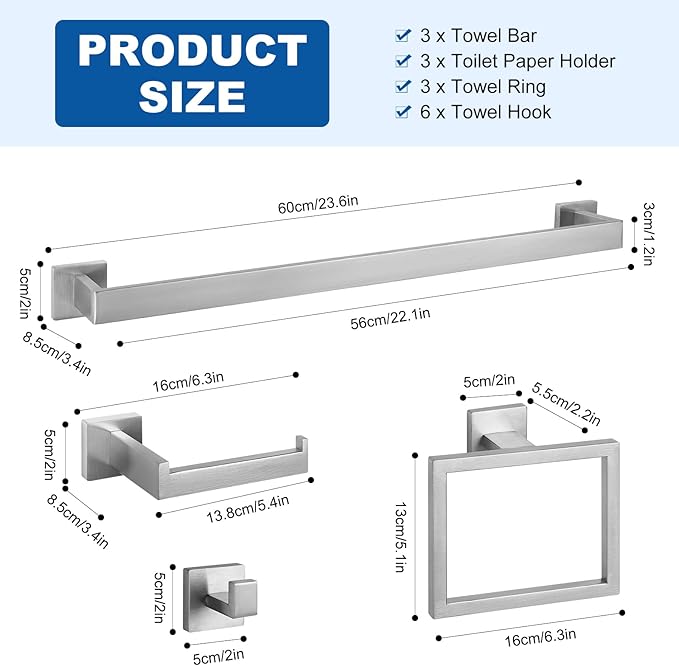 Cilee 10-Pieces Bathroom Hardware Set - Brushed Nickel Bathroom Accessories, 24 Inch Towel Bar, Square Towel Ring, Toilet Paper Holder, Towel Hook, Wall-Mounted Stainless Steel Towel Bar Rack Set
