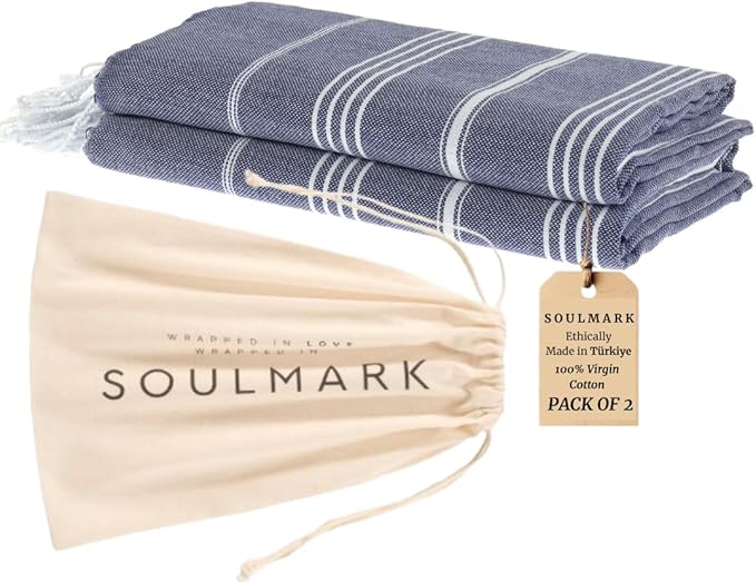 SOULMARK 100% Cotton Turkish Beach Towel with Bag - 38"x71" - 2 Pack - Made in Green & Oeko TEX Certified - Pre-Washed & Sand Free - Quick Dry and Lightweight for Travel - Made in Turkey - Navy Blue
