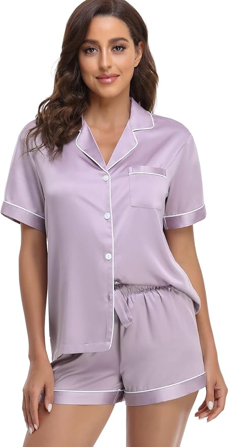 Women's Satin Pajama Set 2-Piece Sleepwear Loungewear Button Down Short Sleeve Silky PJ Set