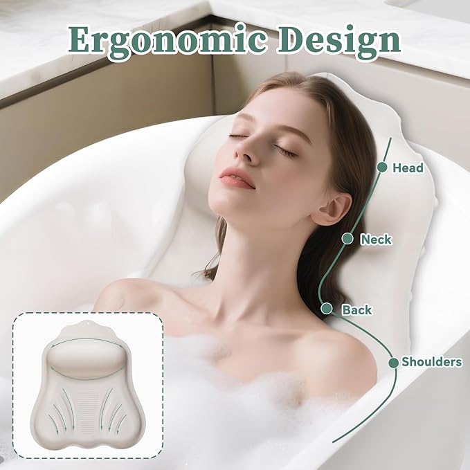 Silicone Bath Pillow for Tub Adults, 4D Air-Cushion Bathtub Pillow for Head Neck and Back Support, Non-Slip Suction Cups, Quick-Drying Waterproof Spa Pillow, Easy to Clean & Store