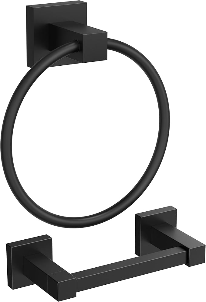 FORIOUS Toilet Paper Holder Wall Mount and Hand Towel Ring Set, SUS 304 Stainless Steel Double Post Pivoting Tissue Roll Holder, Modern Bathroom Hardware Accessories Set, Matte Black