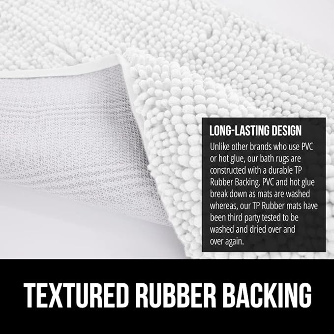 GORILLA GRIP Bath Rug Mat, Thick Soft Absorbent Chenille, Quick Dry Microfiber Mats, Rubber Backing Washable Shower Floor Rugs, Bathmat Runner, US Designed Bathroom Home Decor Accessories 24x17, White