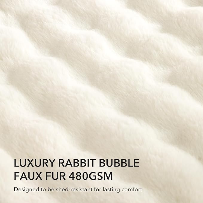 Faux Rabbit Fur Bubble Heated Blanket King Size White - Fluffy Thick King Size Electric Blanket with Dual Control, 6 Heating Levels & 10 Timer Settings, ETL Certified, Home Decor (100" x 90")