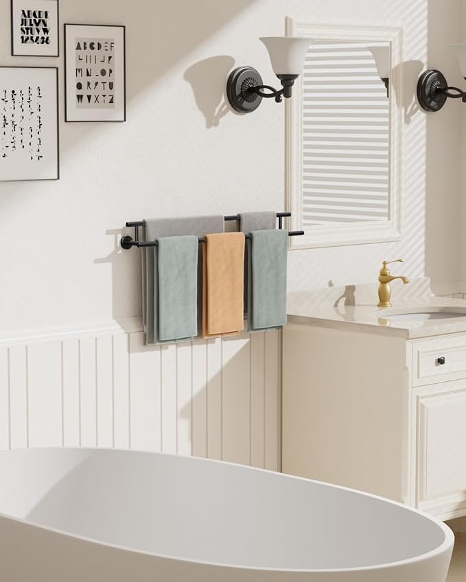 Alise Double Bath Towel Bars,28 Inch Towel Racks for Bathroom,SUS304 Stainless Steel Towel Holder,Sturdy Towel Hanger Wall Mounted,Towel Rod,Robe Towel Hooks,Matte Black Towel Rail,GYT6902-B