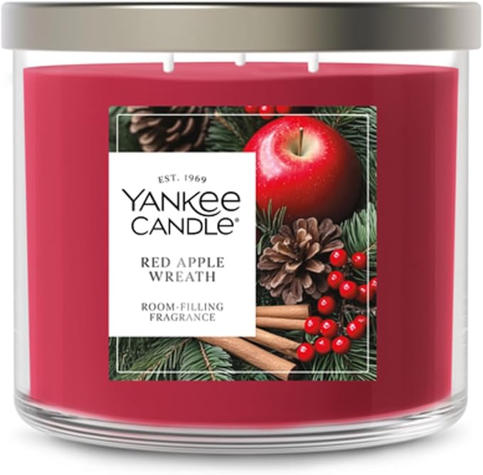 Yankee Candle Red Apple Wreath, Scented Candle, 14.5oz 3-Wick Candle Jar with up to 40 Hours Burn Time, Giftable, Holidays