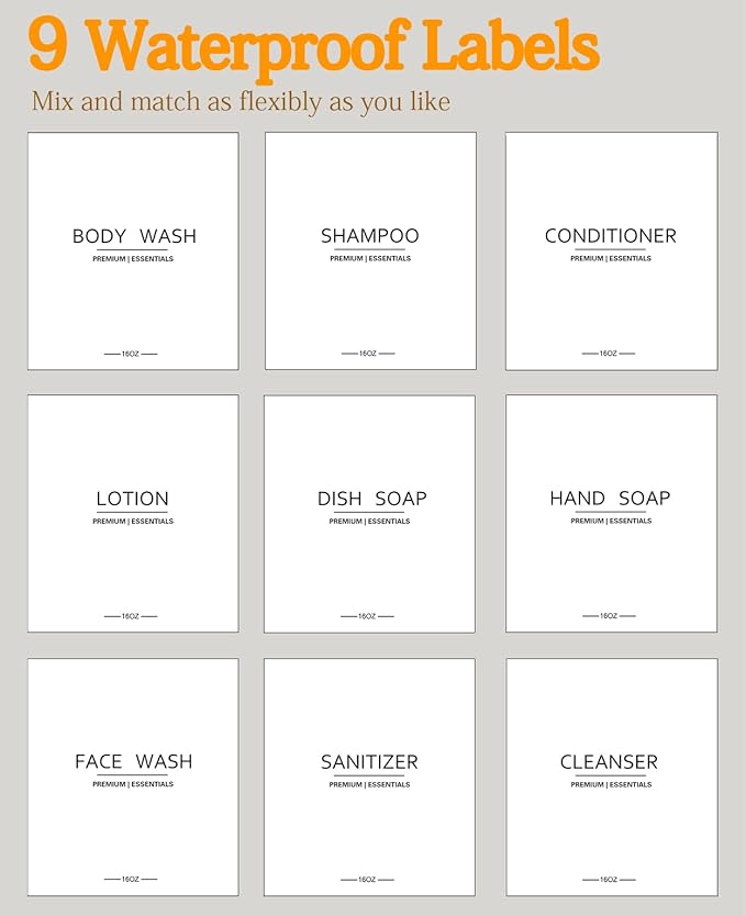 Frosted Plastic Shampoo and Conditioner Bottles, Apothecary Dispenser Bamboo Pump, Refillable Bottles for Shower Lotion, Oil, Hand Soap, Sanitizer, Liquid Soap, Set of 3 with 9 Labels (3, Matte Amber)