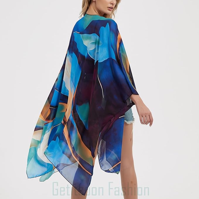 Women's Bohemian Floral Chiffon Beach Cover up Swimsuit Kimono Summer Swimwear Cardigans