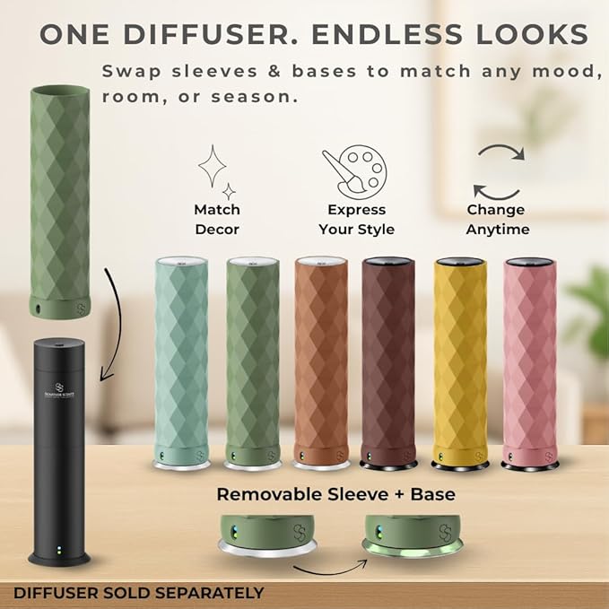 Waterless Essential Oil Hotel Scent Diffuser - Cold Air Diffuser - Covers 1000 sq. ft. - Waterless Diffuser for Home, Office & Hotel (Black + Interchangeable Sleeve) (Black + Bone White Sleeve)