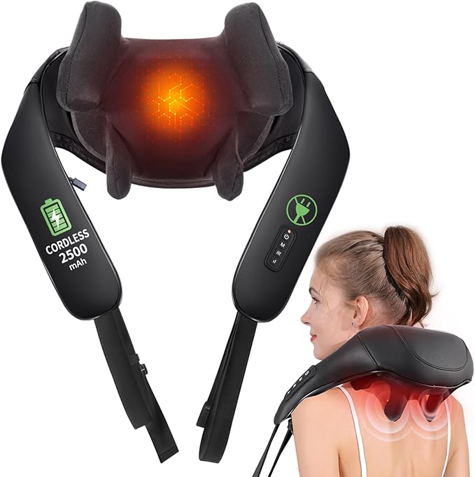 Cordless Shiatsu Neck and Back Massager with Heat, 2500mAh Rechargeable Electric Deep Tissue 3D Kneading Massage Pillow for Shoulder, Leg, Body Muscle Pain Relief, Gifts for Dad Mom Friends