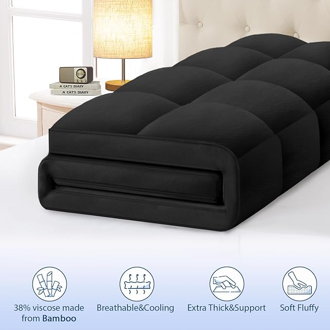ELEMUSE Twin Black Cooling Bamboo Viscose Mattress Topper for Back Pain, Extra Thick Mattress Pad Cover, Plush Soft Pillowtop with Elastic Deep Pocket, Overfilled Down Alternative Filling