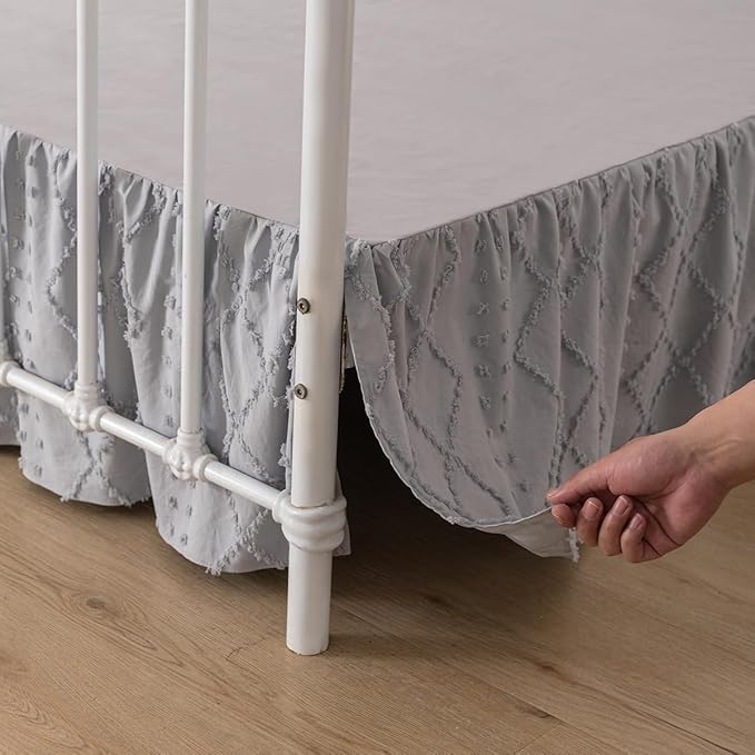 Bed Skirt Queen Size Ruffled Bed Skirt with Split Corners, 14 Inch Drop Dust Ruffle Bed Skirts with Platform, Boho Tufted Shabby Chic Full Size Bed Skirts, Light Grey