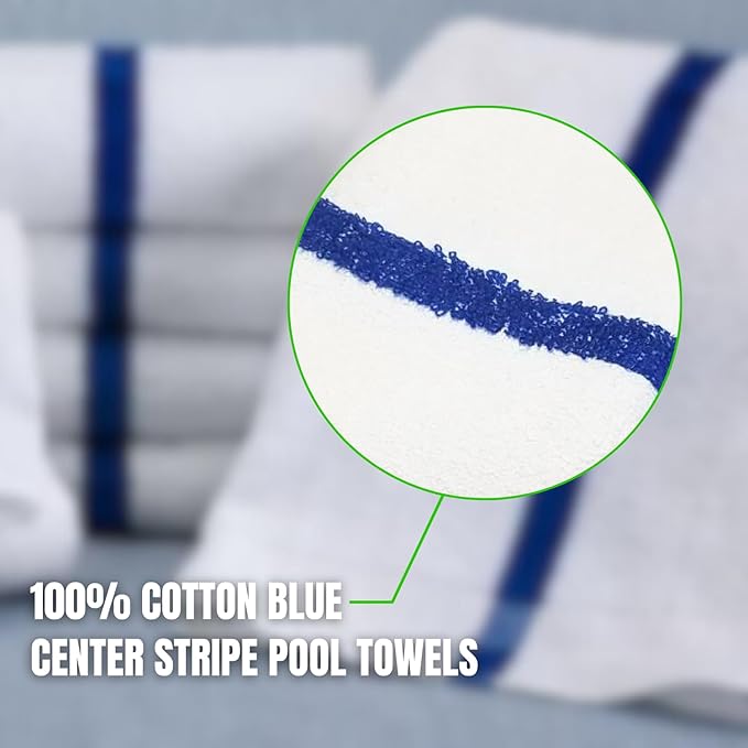 Towels N More 24x48 Soft Poolside Towels 60 Large Super Absorbent Pool Towel Blue Center Stripe Home Spa Gym Hotel Motel Rental House 100% Cotton Bath Towels