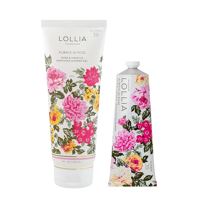 LOLLIA Always in Rose Bundle with Handcreme, 4 oz, and Shower Gel, 8 fl oz, Scented Shea Butter Moisturizing Body Wash & Hand Lotion for Women, Hydrating Luxury Bath Skin Care Set