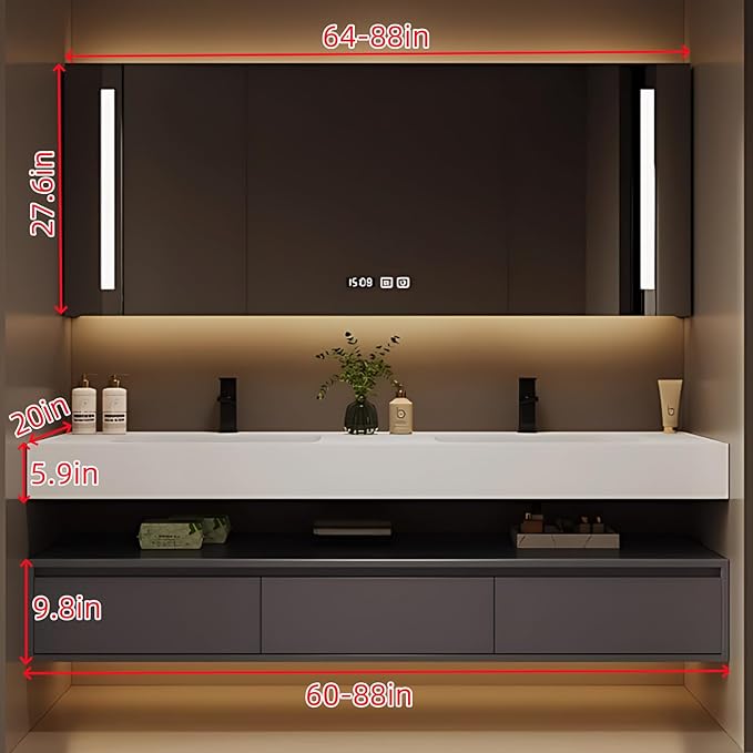 68IN Bathroom Vanity Double Sink - Double Sink Bathroom Vanity Set Include Smart Defogging Bathroom Mirror Cabinet with LED Light Strips, Abundant Storage Space with 3 Drawers (Mirror Cabinet)