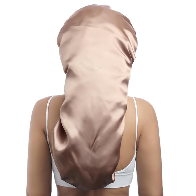 AWAYTR Long Satin Bonnet for Women - Double Layer Elastic Silk Bonnet for Braids Hair Sleeping Cap with Tie Band (Champagne)