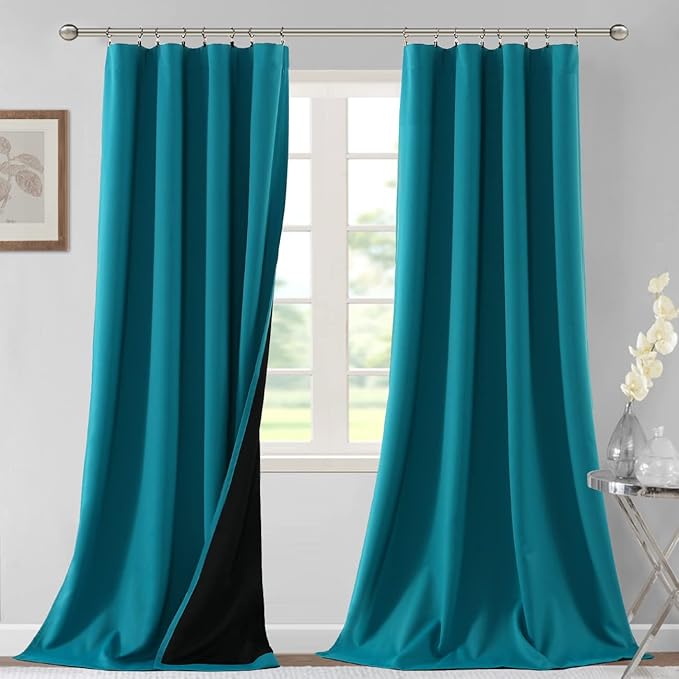 H.VERSAILTEX 100% Blackout Curtains for Bedroom Thermal Insulated Blackout Curtains 108 Inches Long Rod Pocket/Clip Rings Curtains for Living Room with Black Liner 2 Panels, Turquoise Blue