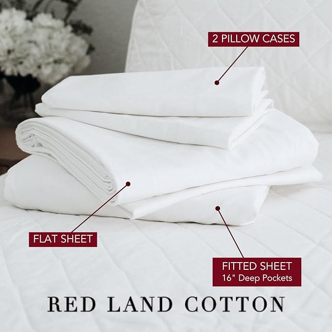 Red Land Cotton Luxury Sheet Set | 100% American Grown Cotton Basics | Premium Hotel Ultra-Soft Lightweight 4 Piece USA Made Deep Pocket Fitted, Flat Sheet, & Pillowcases Percale Weave (Twin/White)