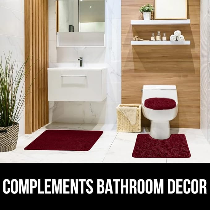 GORILLA GRIP Soft Chenille Bathroom Toilet Lid Cover, Machine Washable Seat Covers, 19.5x18.5, Stays in Place Rubber Backing, Fits Most Round, Elongated and Oblong Lids, Accessories Decor, Burgundy