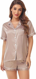 Women's Satin Pajama Set 2-Piece Sleepwear Loungewear Button Down Short Sleeve Silky PJ Set