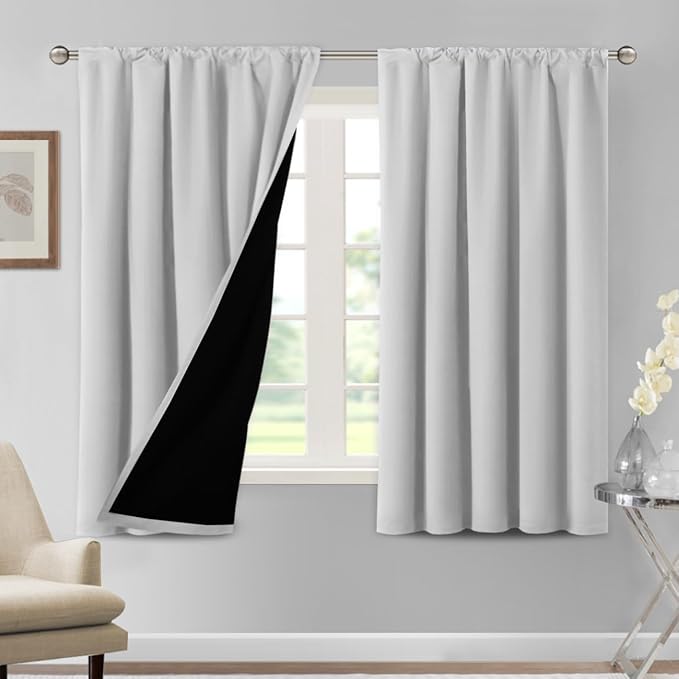 H.VERSAILTEX 100% Blackout Curtains for Bedroom Thermal Insulated Blackout Curtains 63 Inches Long Rod Pocket Window Drapes for Living Room with Black Liner 2 Panels Set, Bleached White
