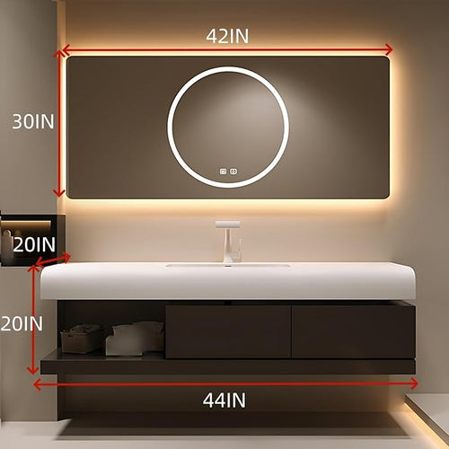 44IN Bathroom Vanity with Sink - Bathroom Cabinet Set has 2 Drawers & Overflow Hole Wall Mounted | LED Practical Defogging Mirror, Open Compartments, Seamless Rock Slab Basin (Coffee)