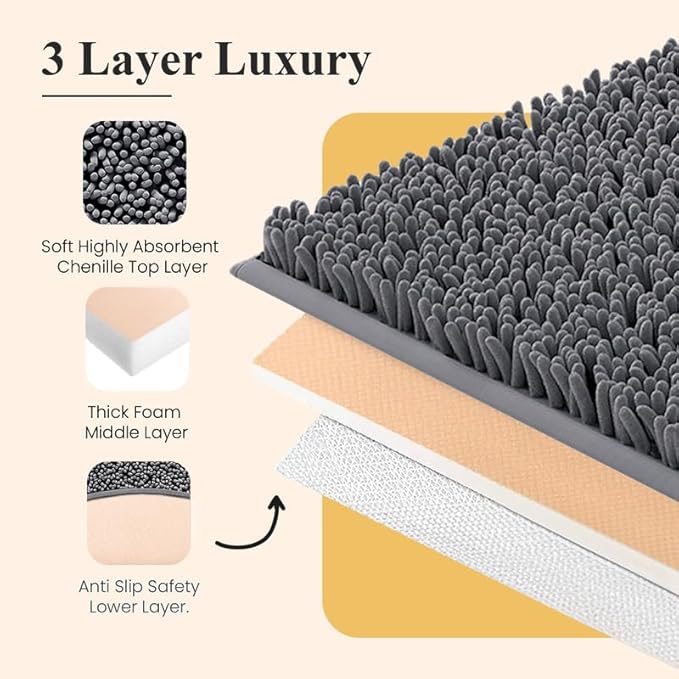 MAYSHINE Plush Shaggy Chenille Bath Mat | Extra Soft, Super Absorbent, Non-Slip Bathroom Rug | Fluffy Microfiber, Area Rug Sets for Bathroom Floor, Kitchen, Living Room | 32"x20" | Beige