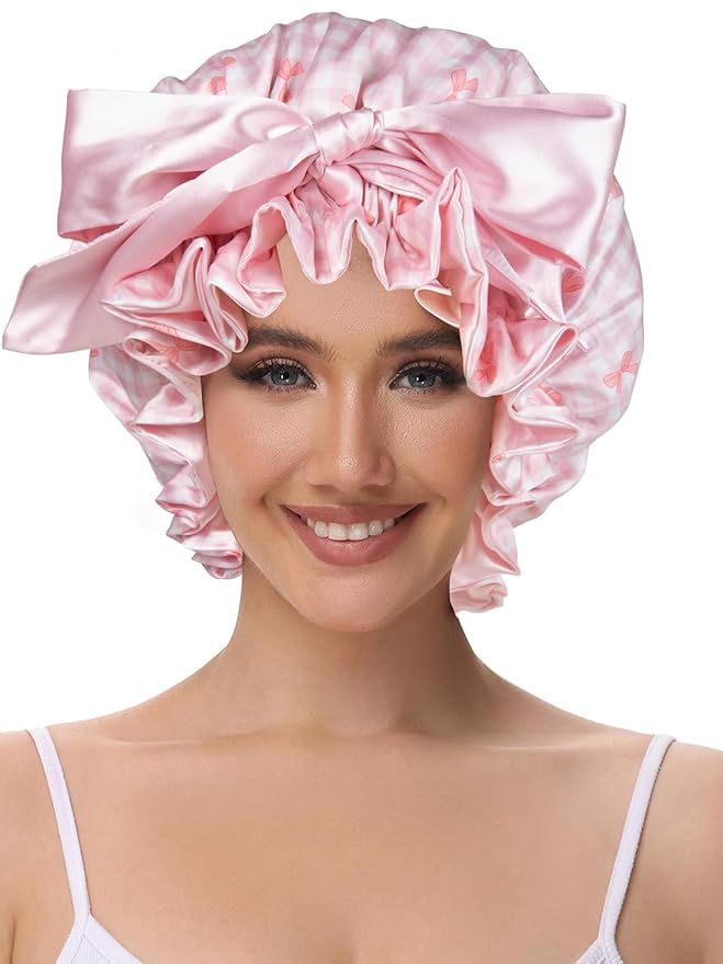 Cute Adjustable Silk Bonnet for Sleeping Double Layer Satin Cap Hair Sleep Bonnet for Curly Hair Pink White Bow