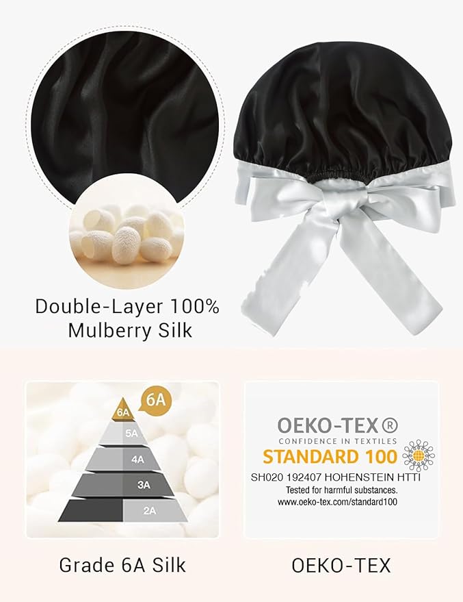 Non-Slip 100% Mulberry Silk Bonnet for Sleeping Women - Double Layer Silk Hair Wrap for Curly Hair, with Tie Bands to Secure the Cap (Black+Silver)