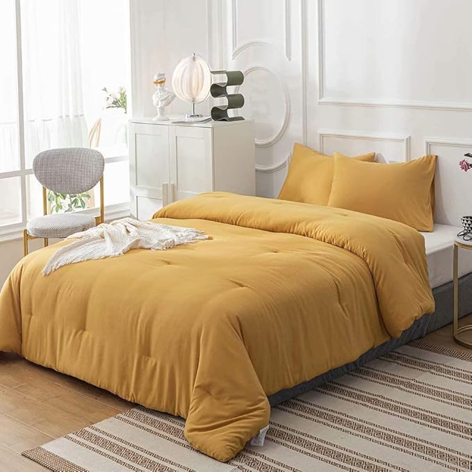 Cottonight Mustard Yellow Comforter Sets Full Dark Yellow Comforter Full Lightweight Cozy Mustard Bedding Comforter Sets with Inner Fill Soft Comfy Women Men