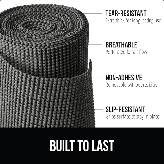 GORILLA GRIP powerGRIP Drawer Shelf and Cabinet Liner, Thick Strong Hold, Non-Adhesive Liners Protect Kitchen Cabinets and Cupboard, Bathroom Drawers, Easy Install, Breathable Mat, 12" x30', Charcoal