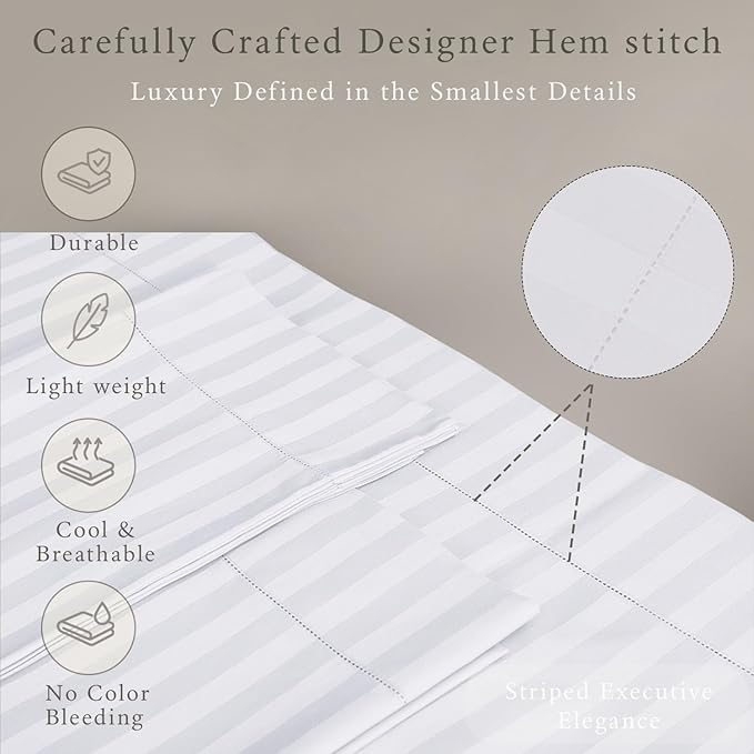 Threadmill 500 Thread Count Twin-XL Size Damask Stripe, 3 Pc Luxury Cotton Bed Sheet Set, Breathable Hotel White Sheets with 15" Elasticized Deep Pocket, 1 Pillowcase & Free Tote Bag
