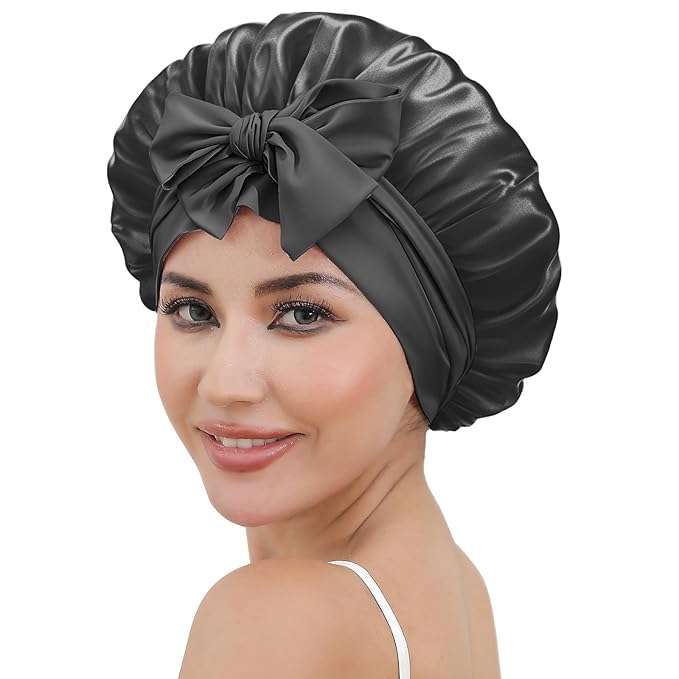 ZIMASILK 100% Mulberry Silk Bonnet for Sleeping Women Long Hair Double Layer Silk Hair Wrap with Tie Band Stay On Head (1Pc, Dark Grey)