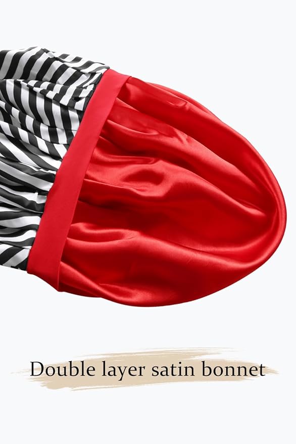 Floral Satin Bonnet For Sleeping Women Double Layer Pleated Design Adjustable Shower Cap For Curly Hair Black White Stripes