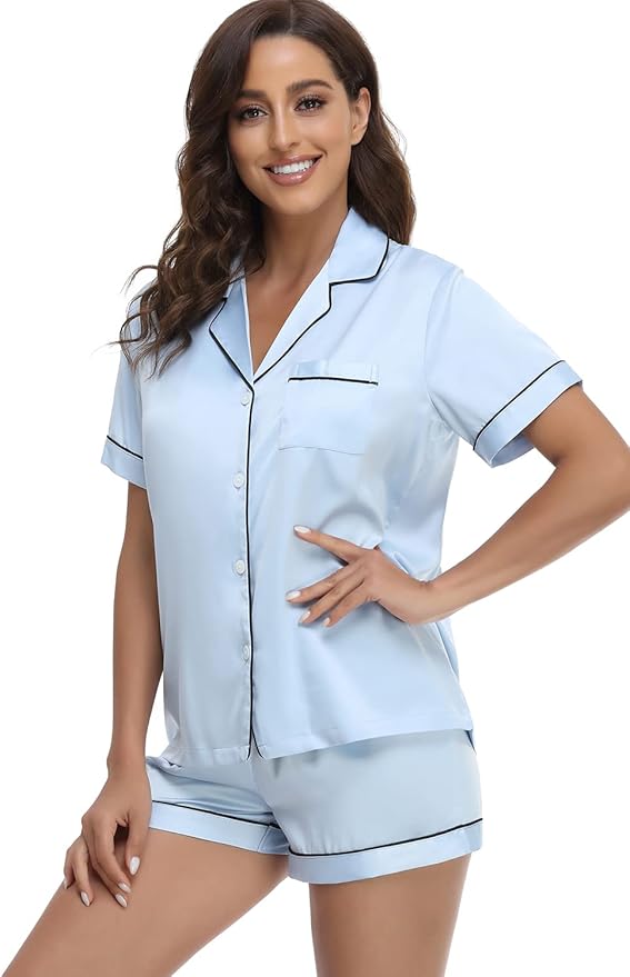 Women's Satin Pajama Set 2-Piece Sleepwear Loungewear Button Down Short Sleeve Silky PJ Set