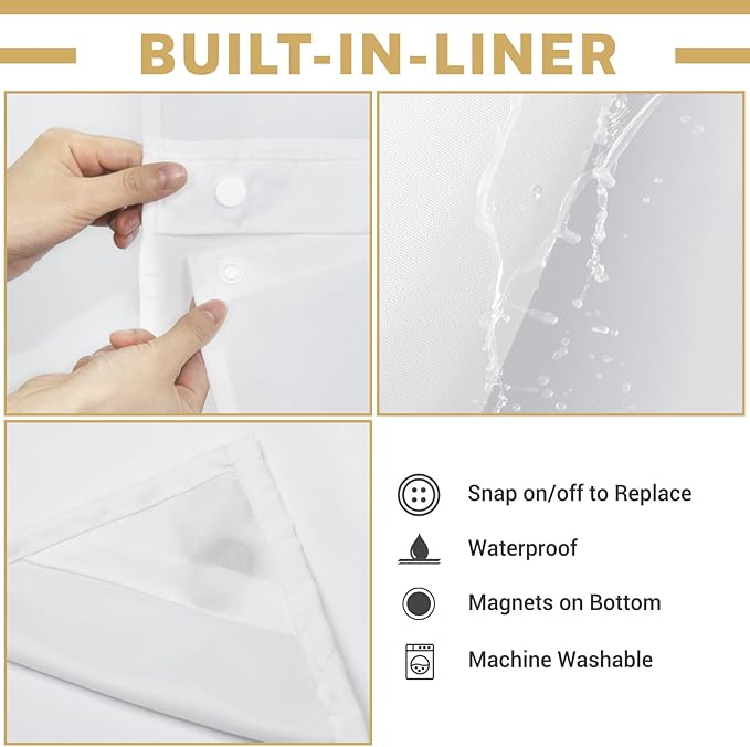 Small No Hook Shower Curtain with Snap in Liner, Polyester Textured Shower Curtain with Liner Set, Waterproof Washable Hotel Style Shower Curtains for Bathroom, 54Wx80H, Navy