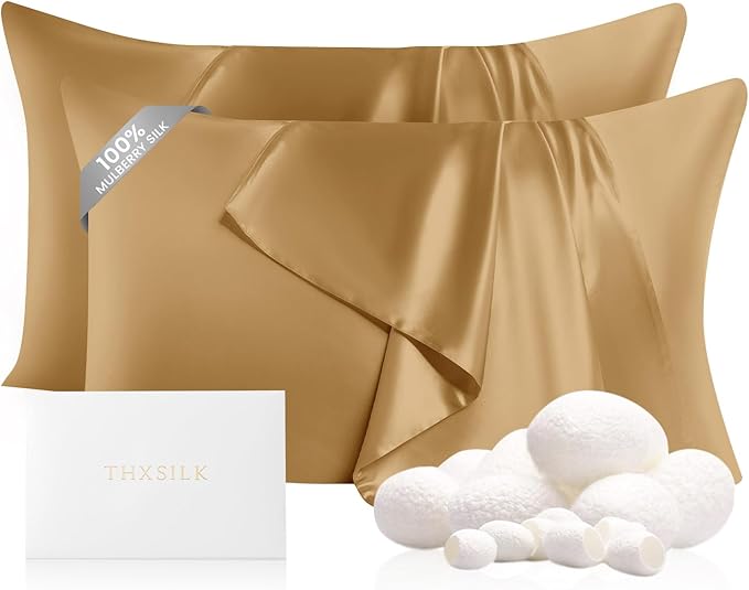 THXSILK Set of 2 100% Pure Mulberry Silk Pillowcases for Hair and Skin, 22 Momme Zipper Silk Pillow Case Standard Size, Real Silk Pillowcases with Zipper (Metallic Gold, Standard 20"x26")
