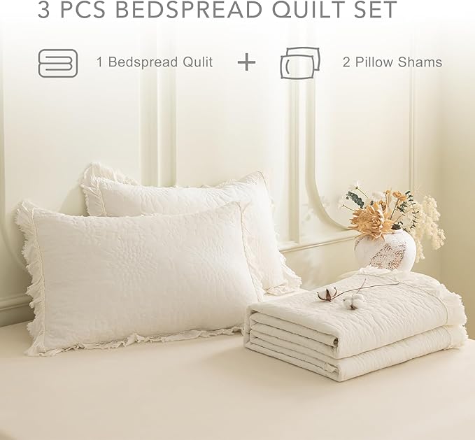 QSH 3PCs Milk White Oversized King Quilt Bedspread Set(120"x120"),Stonewashed Cotton Ruffled Quilt California King,Ultra Soft Lightweight Crinkled Shabby Bedspread Coverlet Bedding Set for All Seasons