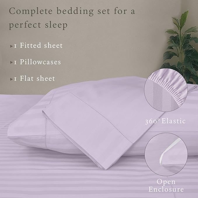 Threadmill 500 Thread Count Twin Size Damask Stripe, 3 Pc Luxury Cotton Sheet Set, Breathable & Silky Soft Lilac Sheets with 15" Elasticized Deep Pocket, 1 Pillowcase & Free Tote Bag
