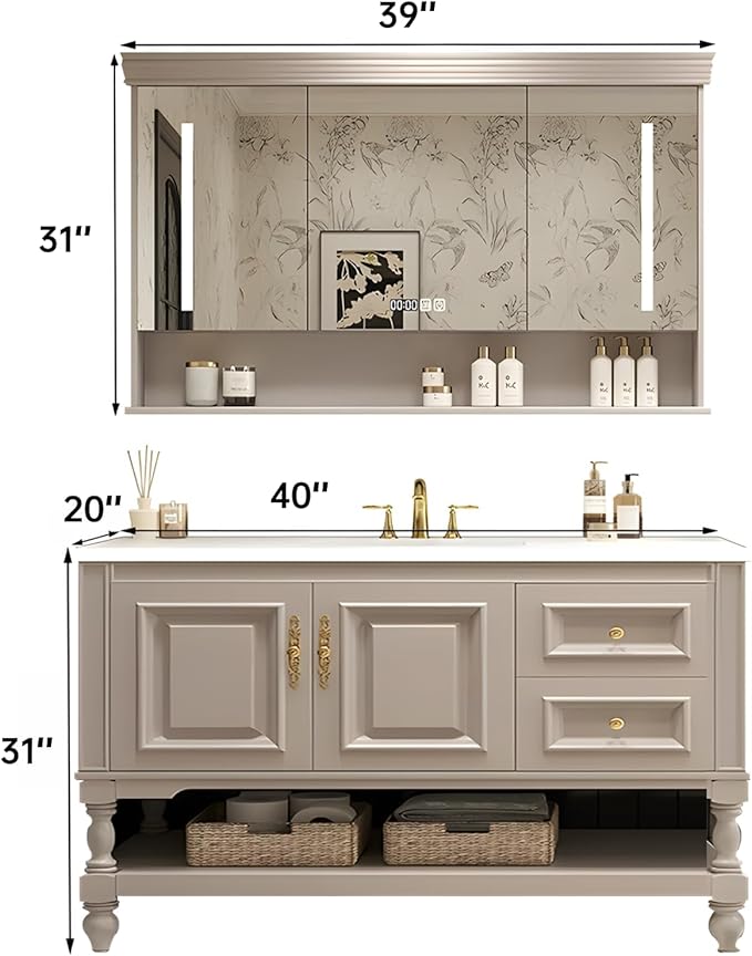40" Bathroom Vanity with Sink,Freestanding Bathroom Vanity Large Storage Cabinet & Open Mirror Cabinet,2 Soft Closing Doors and 2 Drawers Solid Wood Luxury Bathroom Vanities Set,White