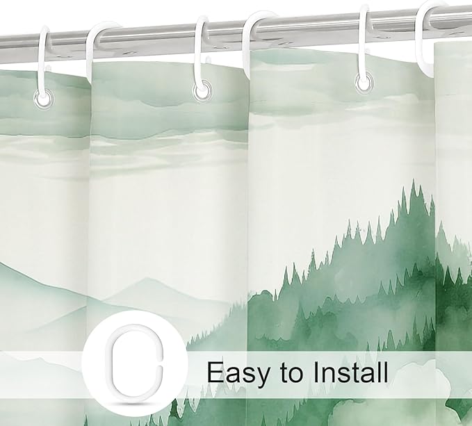 Green Long Misty Pine Forest Shower Curtain 72 x 78, Mountain Foggy Woodland Scenery Tree 78 Inch Long Shower Curtains for Bathroom, Abstract Waterproof Nature-Themed Decor