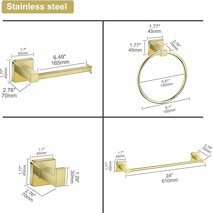 Bathroom Hardware Set 4 Pieces, Stainless Steel Gold Towel Bar Set, Includes 24In Towel Bar, Towel Ring, Robe Towel Hooks,Toilet Paper Holder, Bathroom Towel Rack Set