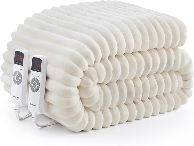 Hansleep Heated Blanket King Size Electric Throw Dual Control, Heating Blanket with 9 Heating Levels and 10-Hour Timer Auto Shut Off, Washable Soft Warm Winter Blanket, 90 x 100 Inches, Beige