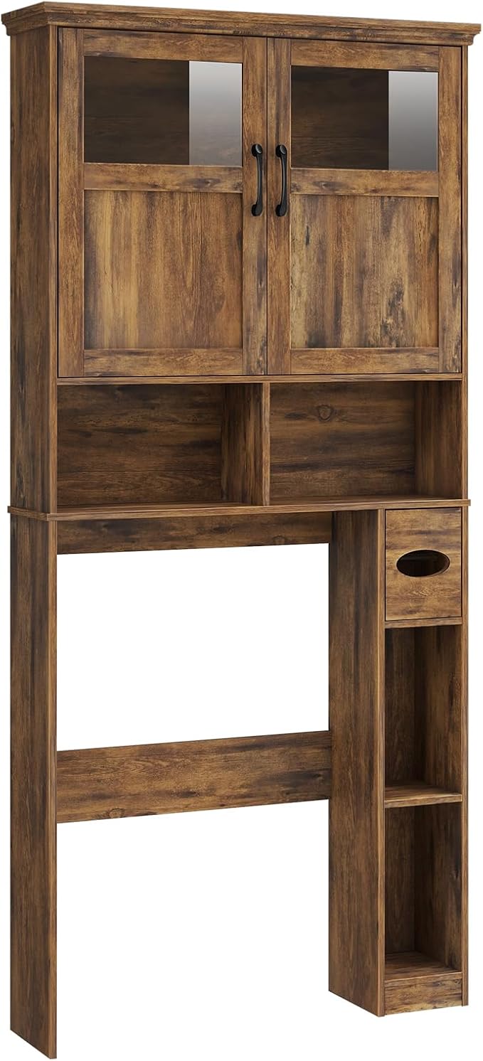 Vabches Over The Toilet Storage Cabinet With Double Doors & Paper Holder Stand, Freestanding Shelf Space Saver With Anti-Tip Design & Adjustable Shelf, Brown