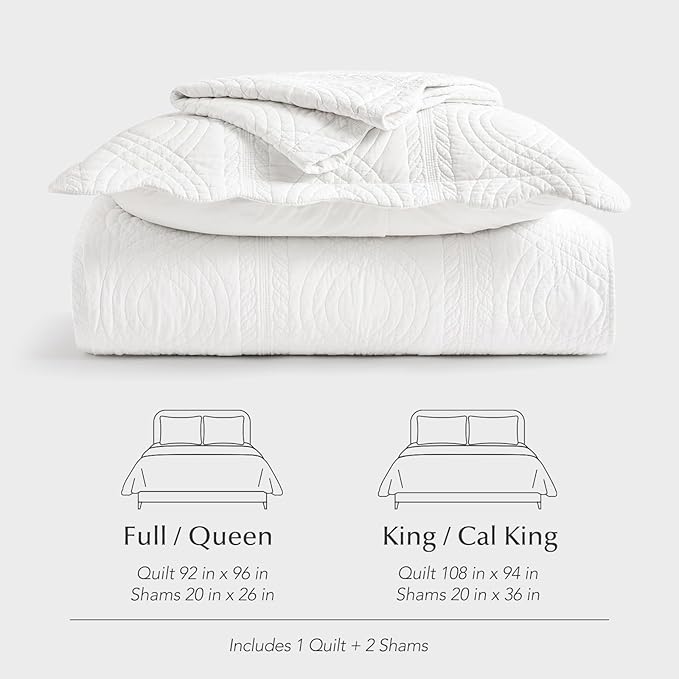 EVERGRACE 100% Cotton Scallop Quilt Set, Queen Size 3 Piece Set – Lightweight Bedspread with 2 Shams, Soft Prewashed Matelasse Coverlet for Cozy and Elegant Bedding, Bright White