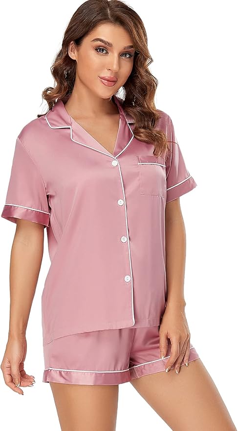Women's Satin Pajama Set 2-Piece Sleepwear Loungewear Button Down Short Sleeve Silky PJ Set