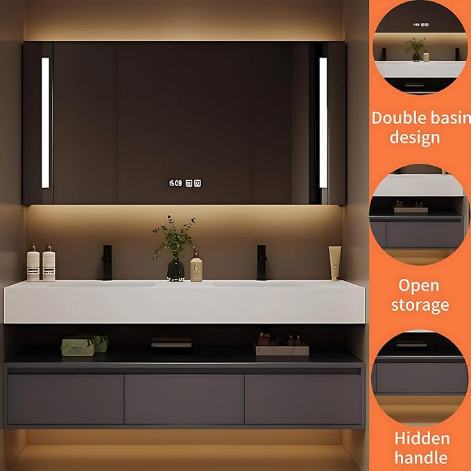 80IN Bathroom Vanity Double Sink - Double Sink Bathroom Vanity Set Include Smart Defogging Bathroom Mirror Cabinet with LED Light Strips, Abundant Storage Space with 3 Drawers (Mirror)