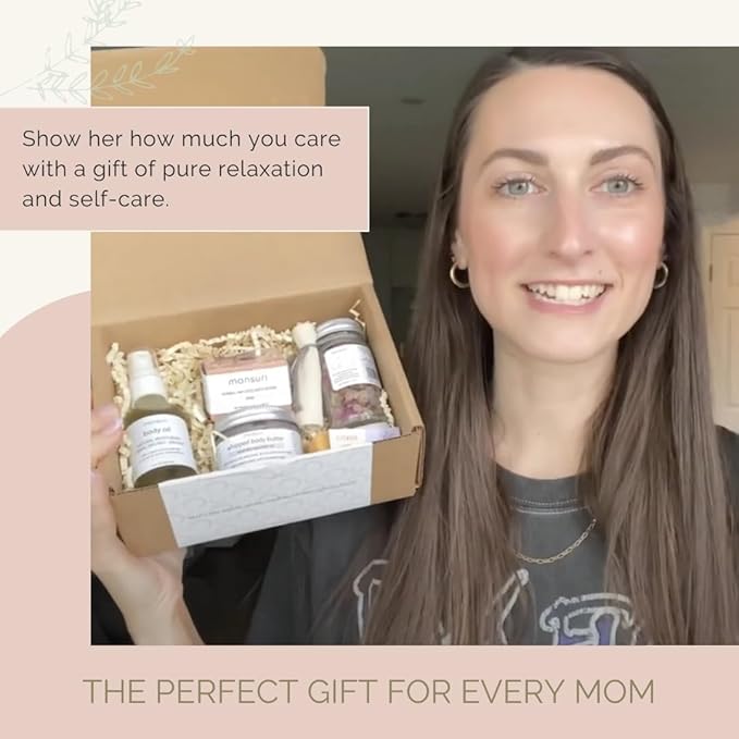 Self Care Gift Basket for Mom: New Mommy Care Package Pampering Gift Set with Bath Accessories and Natural Skincare Products. Our Spa Day Kit for Women is the ideal Birthday Gift Basket for her.