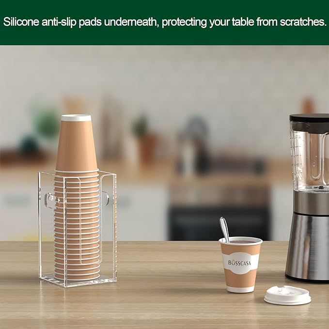 Disposable Coffee Cup Dispenser with Handles, Countertop or Wall Mount Hot/Cold Drink Cup and Lid Holder - Bathroom/Kitchen/Office Acrylic Cup Lid Storage Organizer (1 Compartment, Clear)