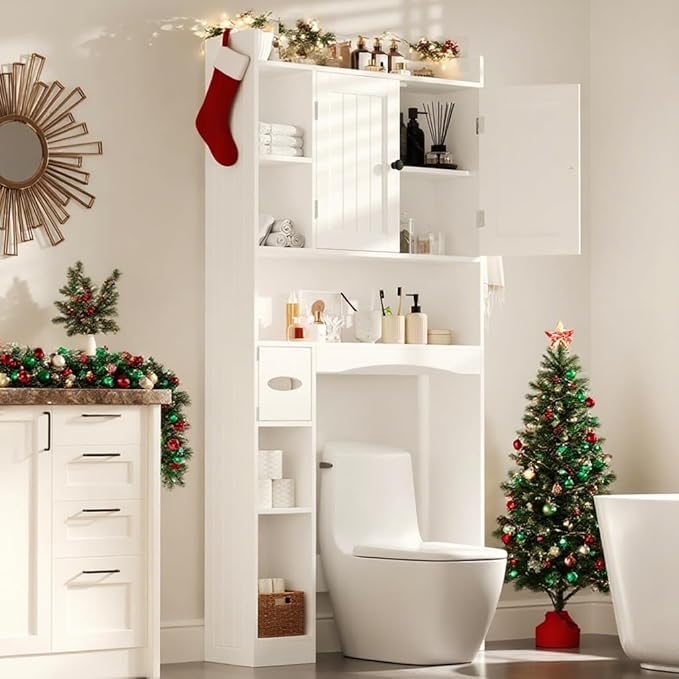 Gizoon Over The Toilet Storage Cabinet, 66''H Over Toilet Bathroom Organizer, Over Toilet Storage Cabinet with 2 Doors, Paper Holder and Racks, Adjustable Shelf, for Bathroom, Laundry, White