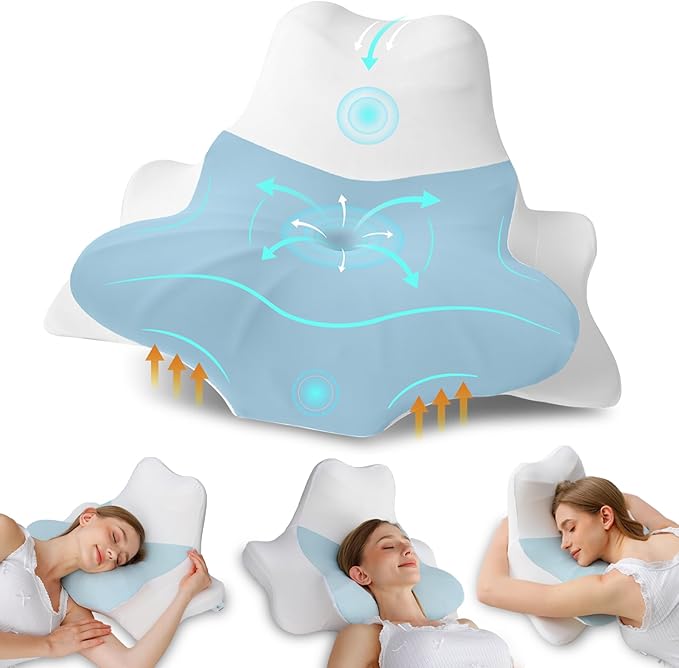 Memory Foam Neck Pillow for Neck and Shoulder Pain, Ergonomic Pillow for Back Side Stomach Sleepers, Cervical Neck Support Pillow, High Tail Versatile Pillow (Blue)